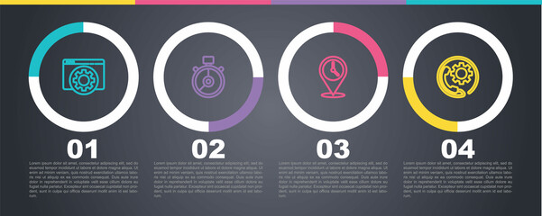 Set line Browser setting, Stopwatch, Location with clock and Telephone 24 hours support. Business infographic template. Vector