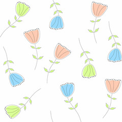Seamless pattern with small colorful flowers. White background.