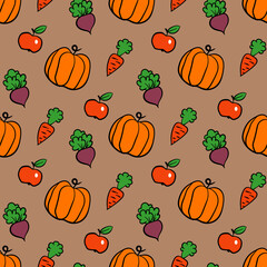 autumn harvest. seamless pattern. a simple bright ornament with vegetables and fruits. wallpaper with orange pumpkins and red apples. vector illustration.