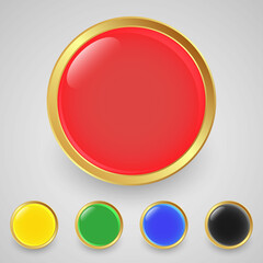 A set of five round buttons with a lens flashes and a golden border. Red, yellow, green, blue and black colors. 3 D. Vector illustration.