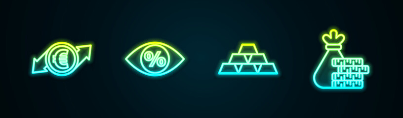 Set line Financial growth and euro coin, Eye with percent, Gold bars and Money bag. Glowing neon icon. Vector