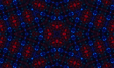 Dark blue and red kaleidoscope pattern. Beautiful mandala texture illustration design. Abstract kaleidoscope background