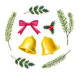 クリスマスのベル飾り　手描きイラスト素材セット