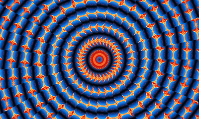 Orange rays stars on blue gradient retro textured pattern 70s. Abstract unique kaleidoscope background. Beautiful kaleidoscope seamless pattern. Seamless kaleidoscope texture