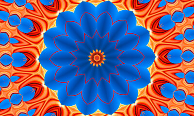 Fototapeta na wymiar Orange rays stars on blue gradient retro textured pattern 70s. Abstract unique kaleidoscope background. Beautiful kaleidoscope seamless pattern. Seamless kaleidoscope texture