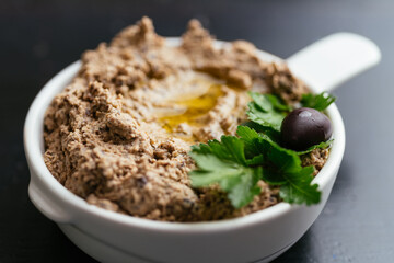 Home made black chickpea hummus