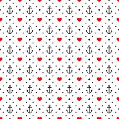 Seamless pattern with red hearts and anchors