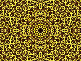 Retro theme poster, Yellow beige color with a black star in the center. Kaleidoscopic and cubic pattern.