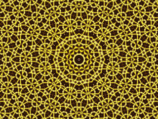 Retro theme poster, Yellow beige color with a black star in the center. Kaleidoscopic and cubic pattern.