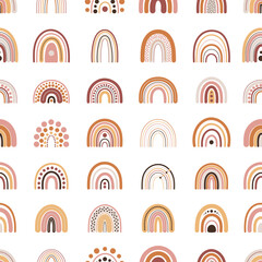 Seamless pattern with boho rainbows in terracotta colors. Neutral nursery art design for decoration, bohemian printing for fabric, wall art. Hand drawn vector illustration.