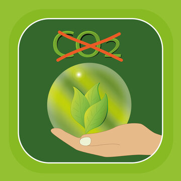 Symbol für CO2 frei: Hand hält eine Glaskugel mit Blättern. Vektor
