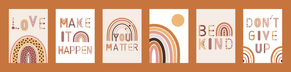 Set of boho wall decor prints with rainbow letters. Encouragement, support cards. Bohemian printable artwork. Set of rainbows. Hand drawn vector illustration. © m.malinika