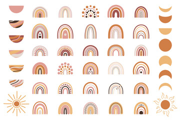Set of boho rainbows in terracotta colors. Neutral nursery art design for decoration, bohemian printing for fabric, wall art. Hand drawn vector illustration.