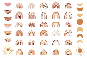 Foto op Plexiglas Set boho regenbogen in terracotta kleuren. Neutraal kinderkamerkunstontwerp voor decoratie, bohemien printen voor stof, kunst aan de muur. Hand getekend vectorillustratie. © m.malinika
