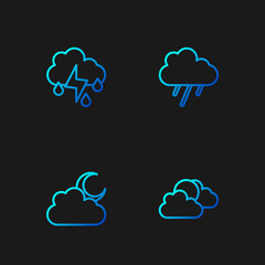 Set line Sun and cloud weather, Cloud with moon, rain lightning and . Gradient color icons. Vector