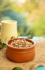 Granola on rural rustic background, healthy eating, wellbeing, healthy lifestyle, breakfast in the morning