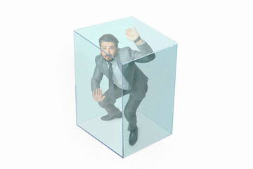 Portrait of a man in formal business suit trapped in a transparent cube.