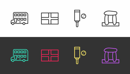 Set line Double decker bus, Flag of England, Wood cricket bat ball and Stonehenge on black and white. Vector