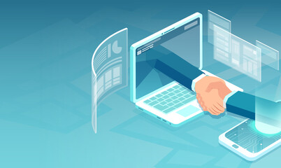 Vector of businesspeople communicating online having agreement and shaking hands.