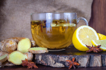 Healing herbal tea with lemon and ginger