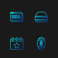 Set line American Football ball, Calendar with date July 4, USA on browser and Burger. Gradient color icons. Vector