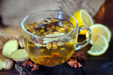 Healing herbal tea with lemon and ginger - obrazy, fototapety, plakaty