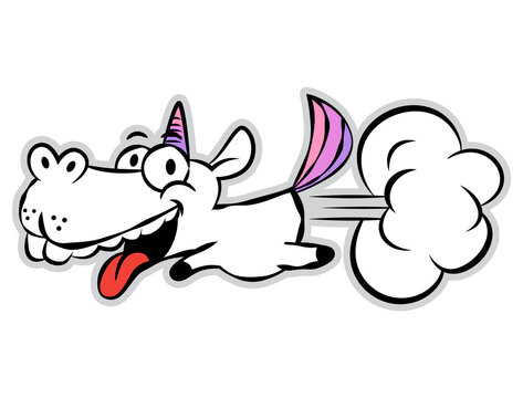 Cartoon illustration of Funny Unicorn flying by its Fart, best for decal, mascot, and logo with start-up business themes
