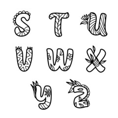 ABC Funny Alphabet coloring for kids. Cute alphabet fonts freehand style. Doodle alphabet for coloring book or greeting card.