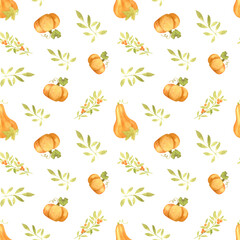 Watercolor autumn pattern with orange pumpkins and leaves. Autumn design for Thanksgiving and Halloween celebrations. For packing paper, stationery and congratulations.