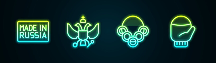 Set line Made in Russia, National emblem of, Russian bagels and Christmas mitten. Glowing neon icon. Vector