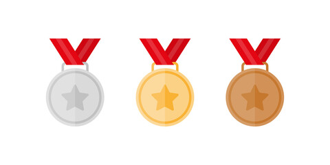 Gold, silver, and bronze medals with stars and ribbons.