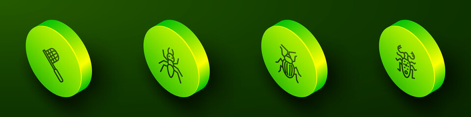 Set Isometric line Butterfly net, Ant, Chafer beetle and Beetle deer icon. Vector