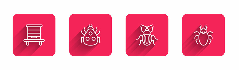 Set line Hive for bees, Ladybug, Chafer beetle and Beetle deer with long shadow. Red square button. Vector
