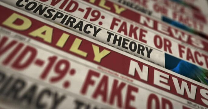 Covid-19 pandemic news fake or fact and conspiration theory daily newspaper report printing. Abstract concept retro 3d rendering seamless looped.