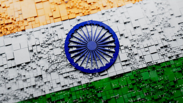 Indian Flag rendered as Futuristic 3D blocks. India Network Concept. Tech Background.