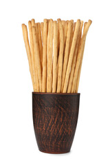 Delicious grissini sticks in cup on white background