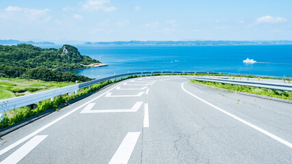 Beautiful Landscape of A Slope Way near The Sea or Ocean in Summer, Karato in Teshima Island in Kagawa Prefecture in Japan, Travel or Vacation Background