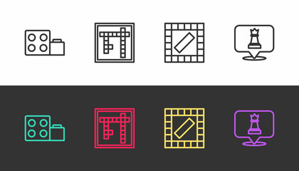Set line Toy building block bricks, Bingo, Board game and Chess on black and white. Vector