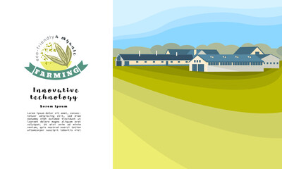 Organic farm design. Fields, agricultural land, hangars for livestock. Template of a leaflet, booklet, flyer, banner, web for an agricultural company.