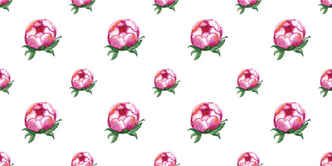 Seamless pattern with watercolor drawing pink peony flower