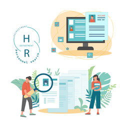 HR specialists review the resumes of applicants for the vacancy. The concept of a recruitment agency, staff search. Flat design