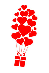 Gift flies on air balloons in hearts form. Template for greeting card, flyer, poster Valentines day. Vector on transparent background