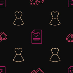 Set line Two Linked Hearts, Woman dress and Greeting card on seamless pattern. Vector