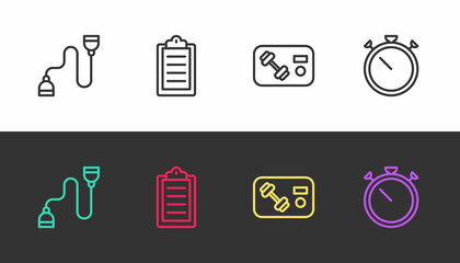Set line Chest expander, Sport training program, Fitness club, gym card and Stopwatch on black and white. Vector