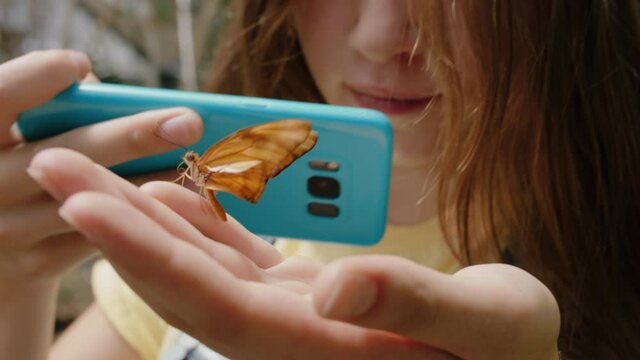 young girl taking photo of butterfly on hand using smartphone enjoying zoo excursion sharing environmental awareness on social media 4k