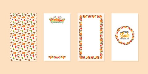 Harvest backgrounds with vegetables and autumn leaves. Set of editable templates for social networks and stories. Vector 10 EPS.