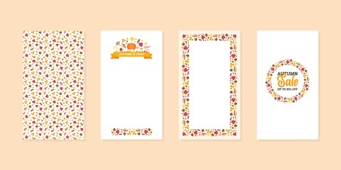 Autumn backgrounds with mushrooms and autumn leaves. Set of editable templates for social networks and stories. Elegant fall floral layouts. Vector 10 EPS.