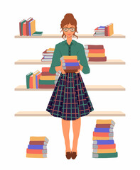 A girl with glasses, wearing plaid skirt and green shirt, holds books in her hands. A young woman lays out books on the shelves. Librarian. Cartoon vector illustration in flat style.