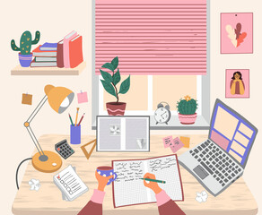 Desk of student. Open textbook, ruler, calculator, laptop, lamp on the table. Hands over the table, one hand writing in a notebook, the other holding a mug. Vector isolated flat illustration.
