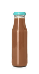 Delicious chocolate milk in glass bottle isolated on white